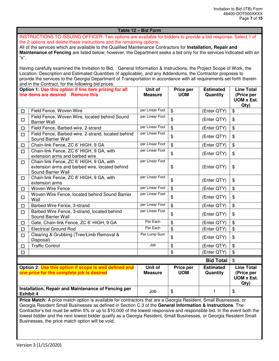 Invitation to Bid (Itb) Bid Form - Installation, Repair and Maintenance of Fencing - District - Georgia (United States), Page 7