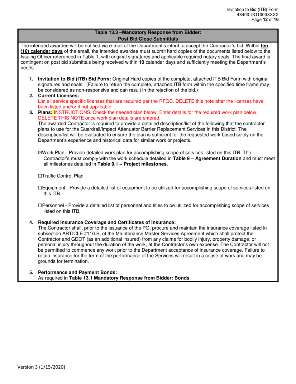 Invitation to Bid (Itb) Bid Form - Guardrail / Impact Attenuator Barrier Replacement Services - District - Georgia (United States), Page 12