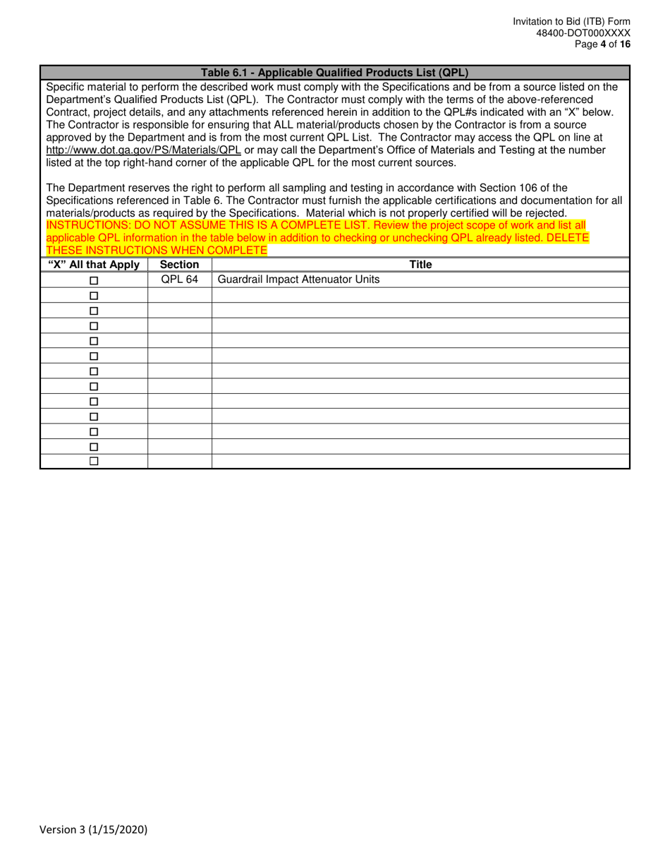 Invitation to Bid (Itb) Bid Form - Guardrail / Impact Attenuator Barrier Replacement Services - District - Georgia (United States), Page 4