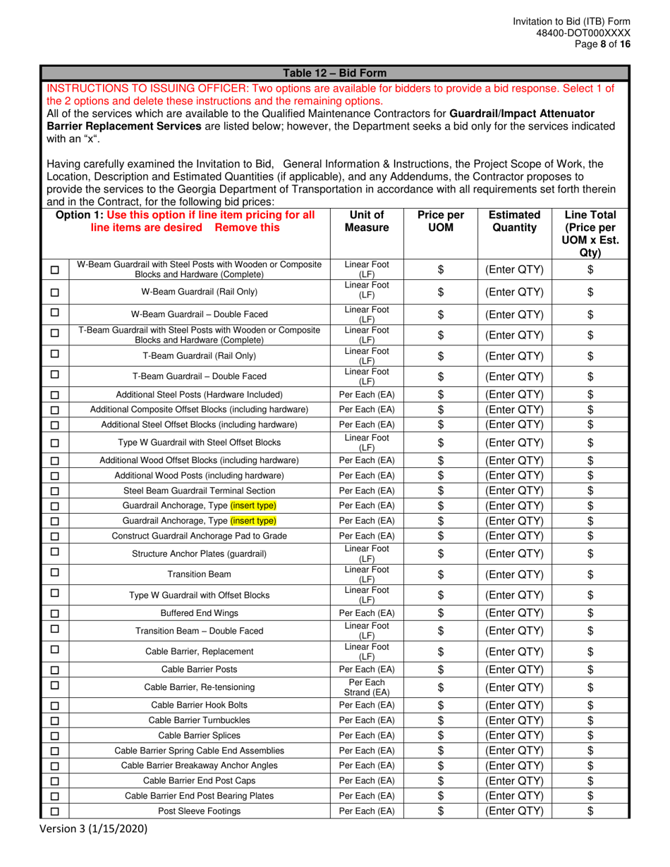 Invitation to Bid (Itb) Bid Form - Guardrail / Impact Attenuator Barrier Replacement Services - District - Georgia (United States), Page 8