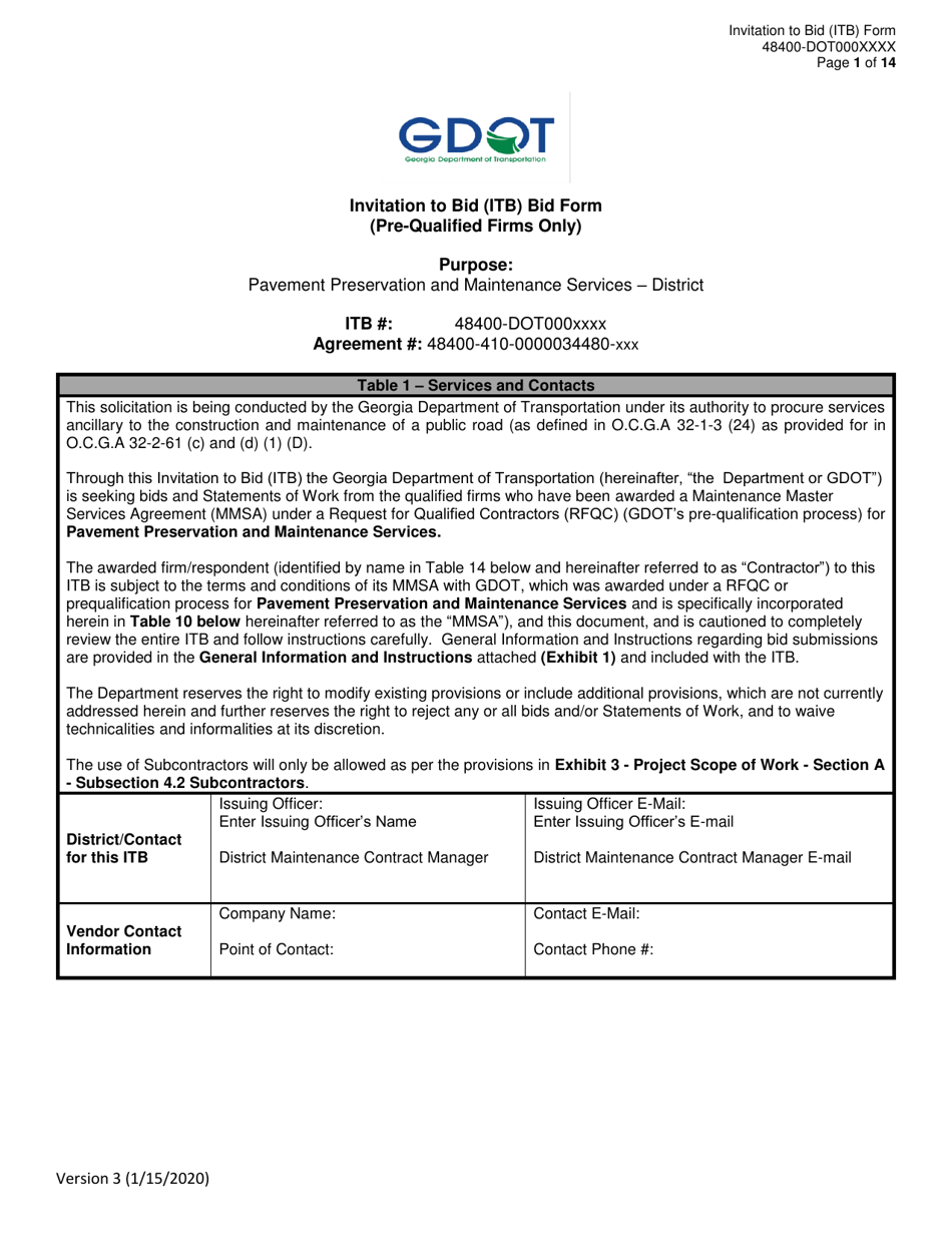 Invitation to Bid (Itb) Bid Form - Pavement Preservation and Maintenance Services - District - Georgia (United States), Page 1