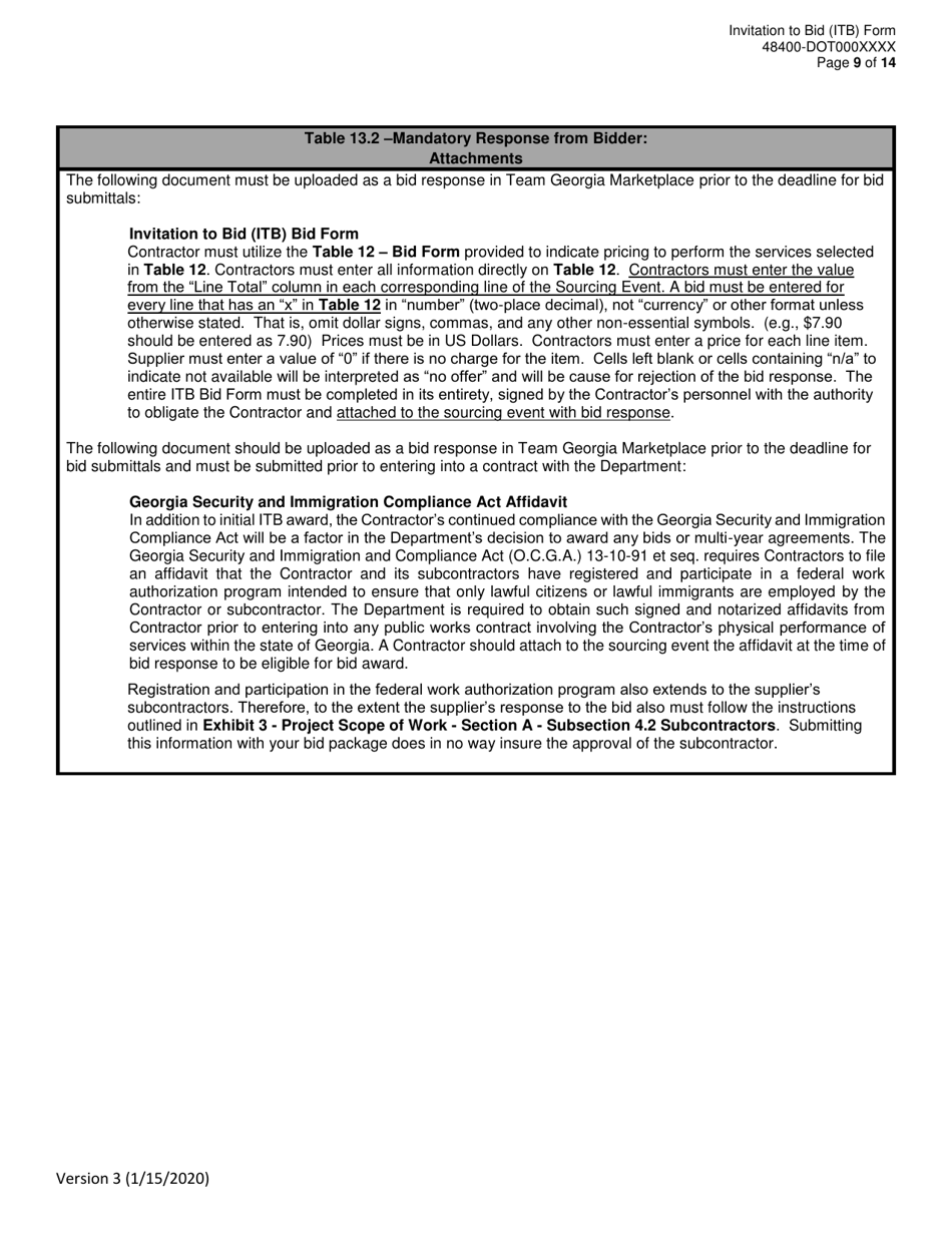 Invitation to Bid (Itb) Bid Form - Pavement Preservation and Maintenance Services - District - Georgia (United States), Page 9