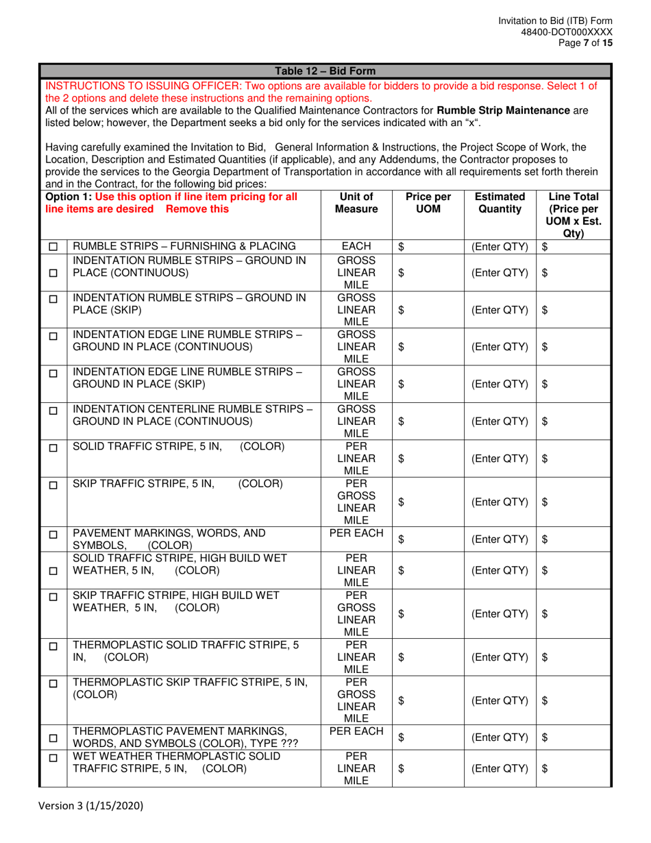 Invitation to Bid (Itb) Bid Form - Rumble Strip Maintenance - District - Georgia (United States), Page 7