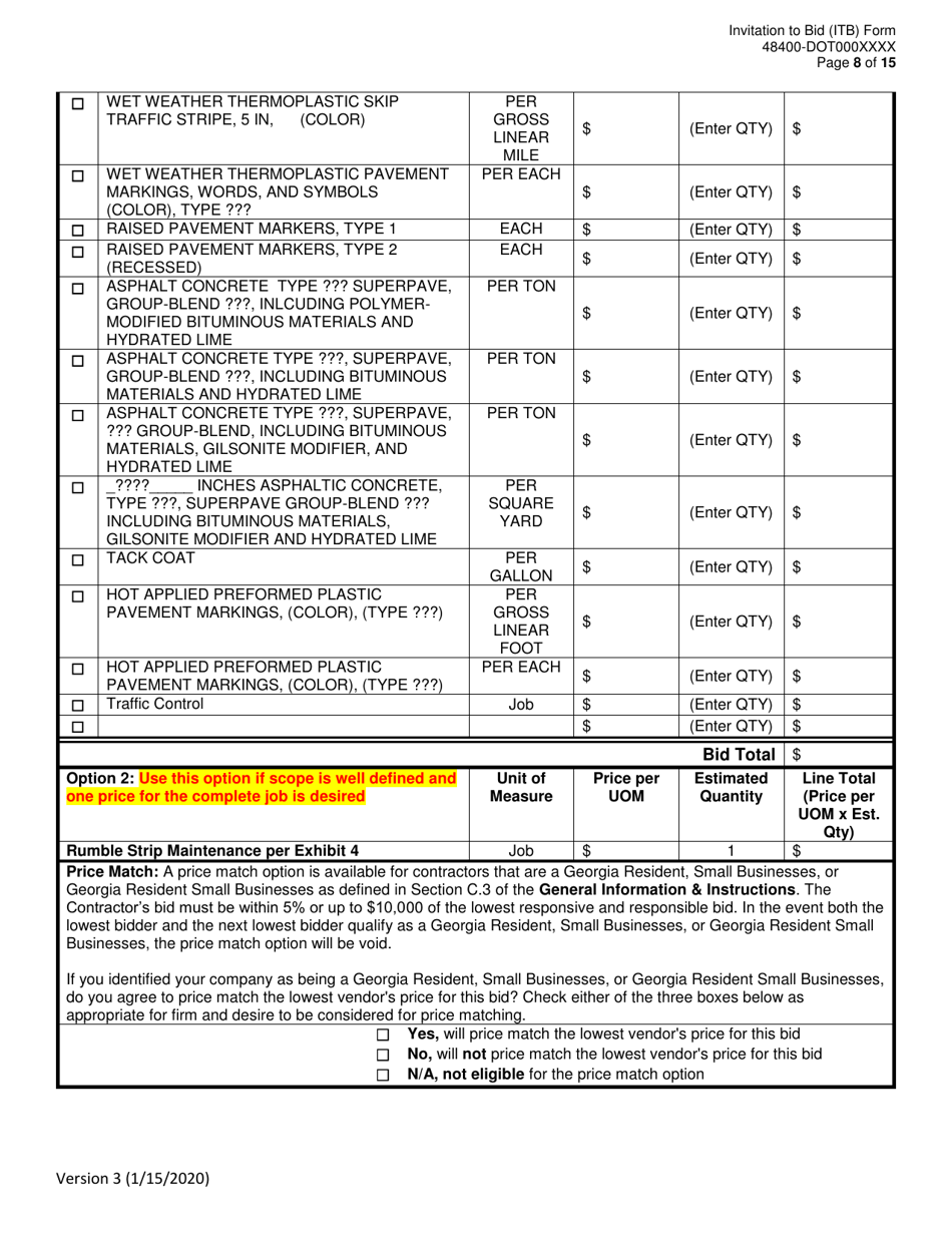 Invitation to Bid (Itb) Bid Form - Rumble Strip Maintenance - District - Georgia (United States), Page 8