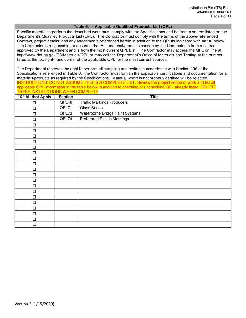 Invitation to Bid (Itb) Bid Form - Short Line Highway Pavement Marking Services - Distric - Georgia (United States), Page 4
