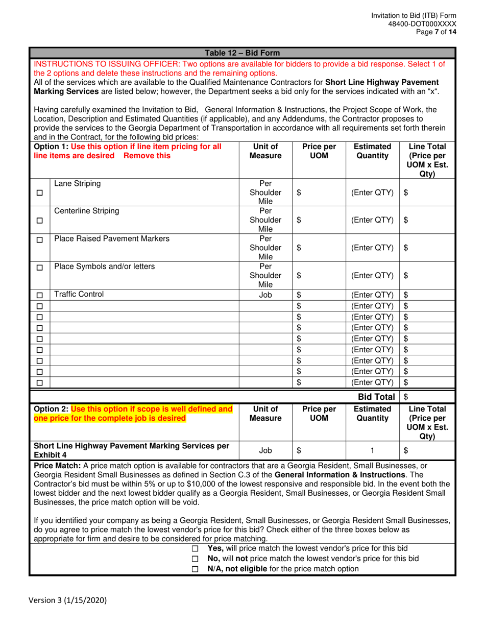 Invitation to Bid (Itb) Bid Form - Short Line Highway Pavement Marking Services - Distric - Georgia (United States), Page 7