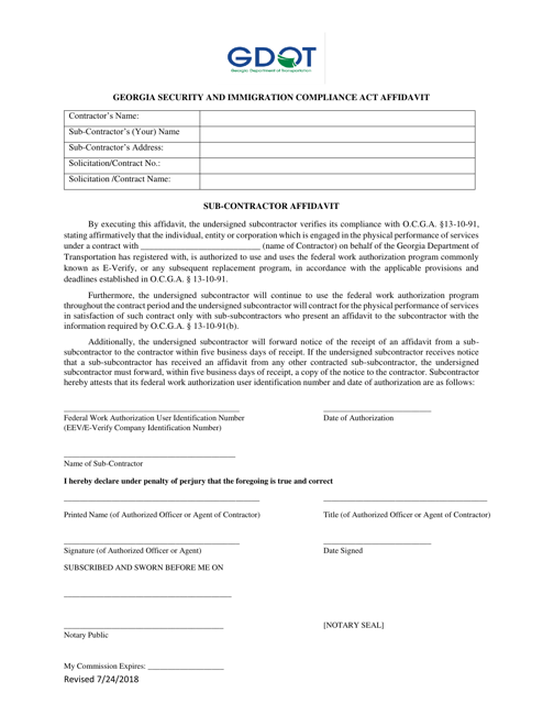 Georgia Security and Immigration Compliance Act Affidavit - Sub-contractor Affidavit - Georgia (United States) Download Pdf