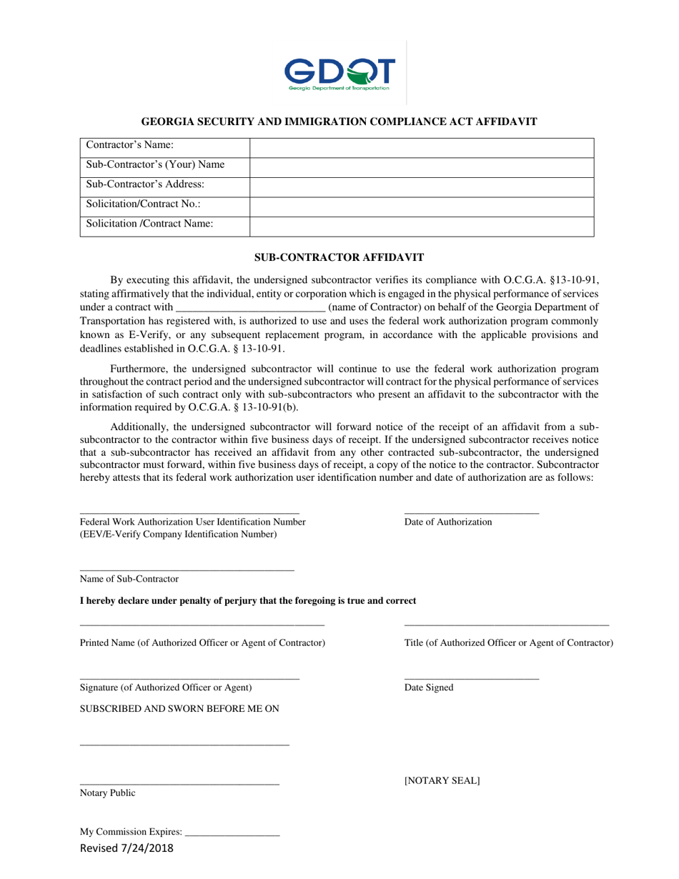 Georgia Security and Immigration Compliance Act Affidavit - Sub-contractor Affidavit - Georgia (United States), Page 1
