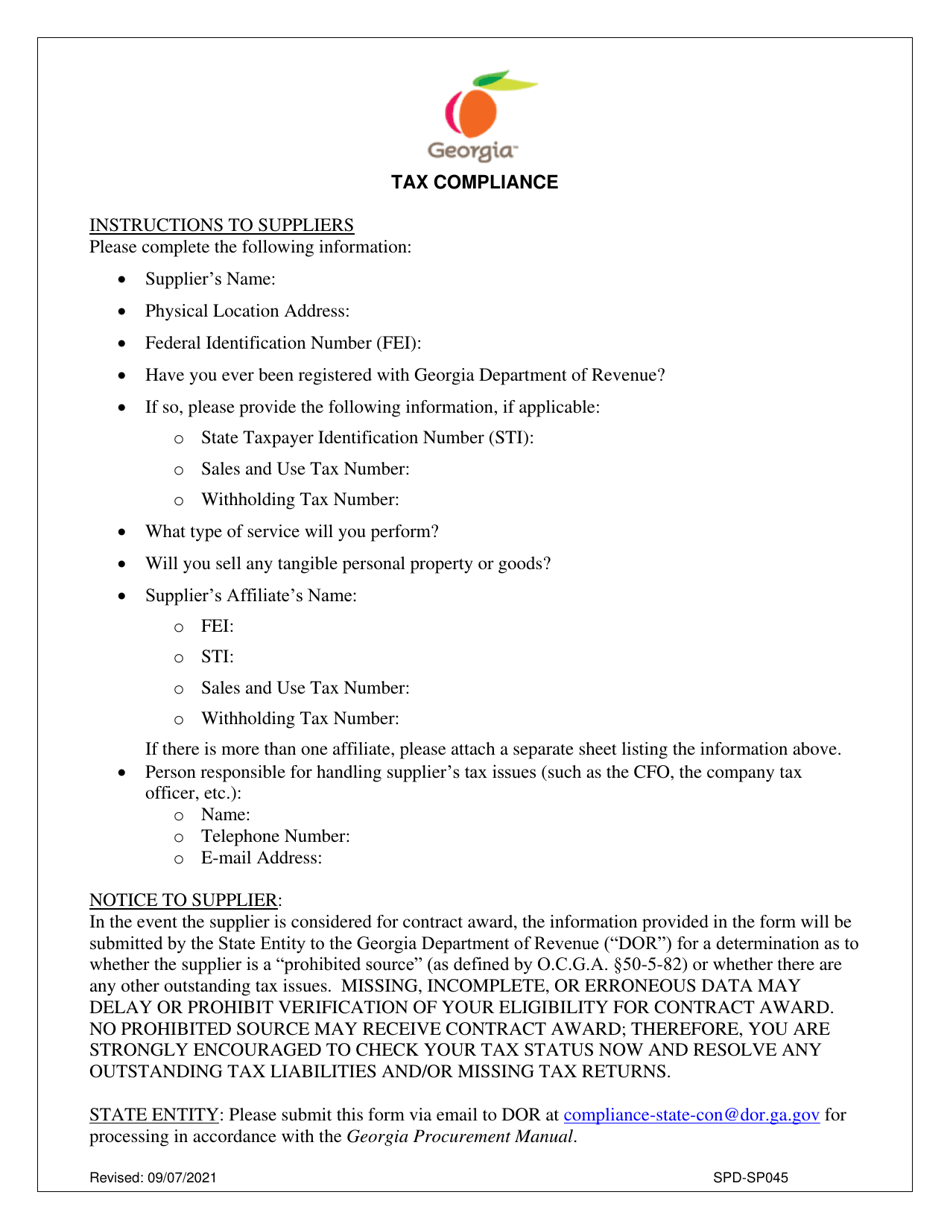 Form SPD-SP045 Tax Compliance Form - Georgia (United States), Page 1