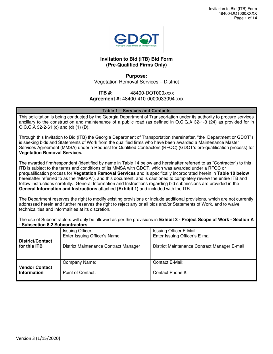 Invitation to Bid (Itb) Bid Form - Vegetation Removal Services - District - Georgia (United States), Page 1