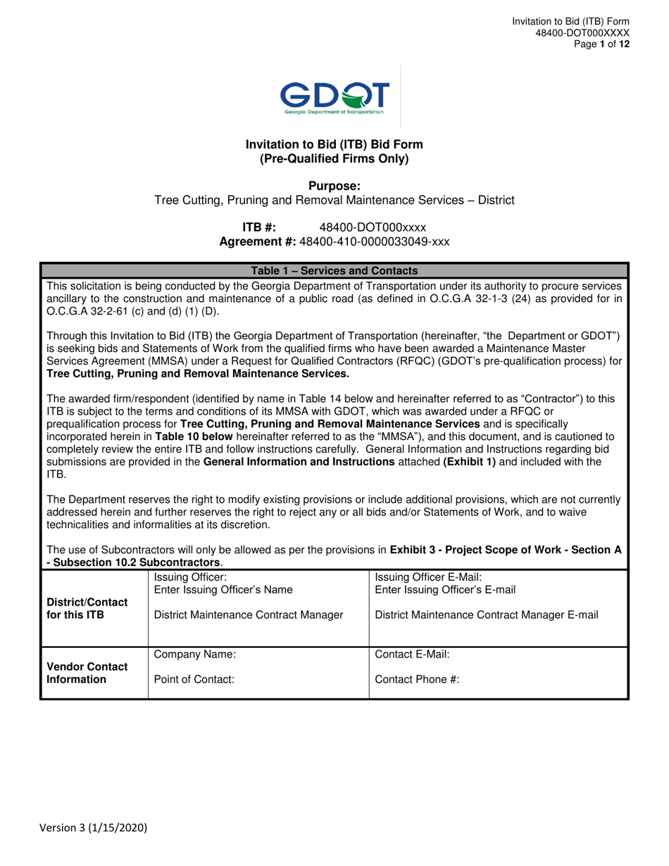 Invitation to Bid (Itb) Bid Form - Tree Cutting, Pruning and Removal Maintenance Services - District - Georgia (United States), Page 1