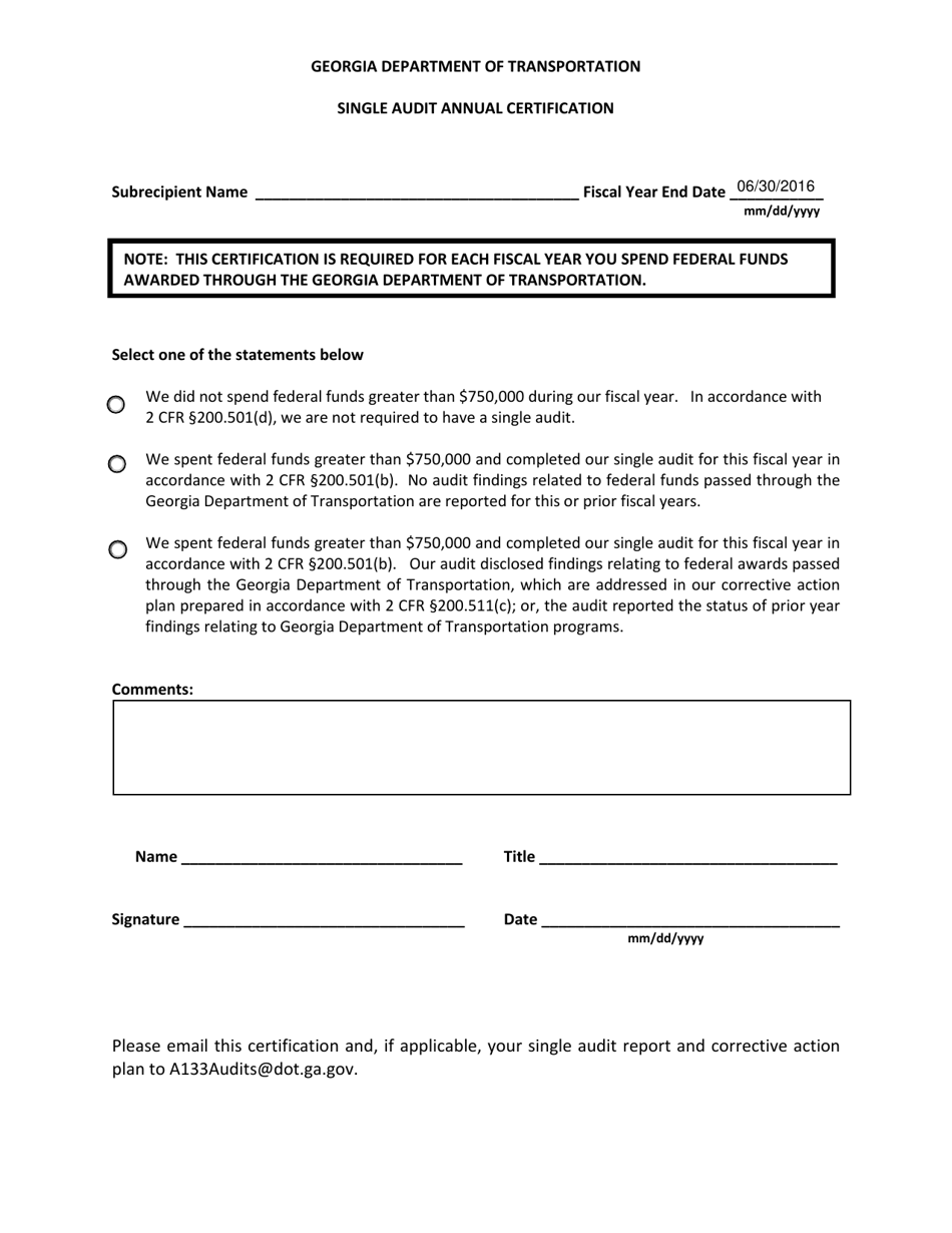 Single Audit Annual Certification - Georgia (United States), Page 1