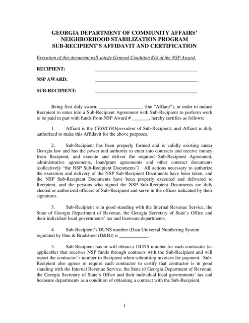 Sub-recipient's Affidavit and Certification - Neighborhood Stabilization Program - Georgia (United States) Download Pdf