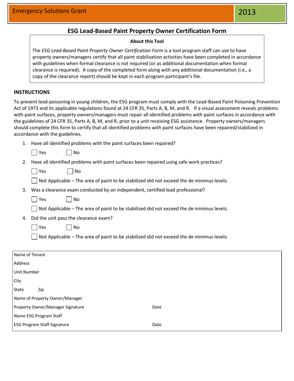 2013 (United States) Esg LeadBased Paint Property Owner Certification Form Fill Out