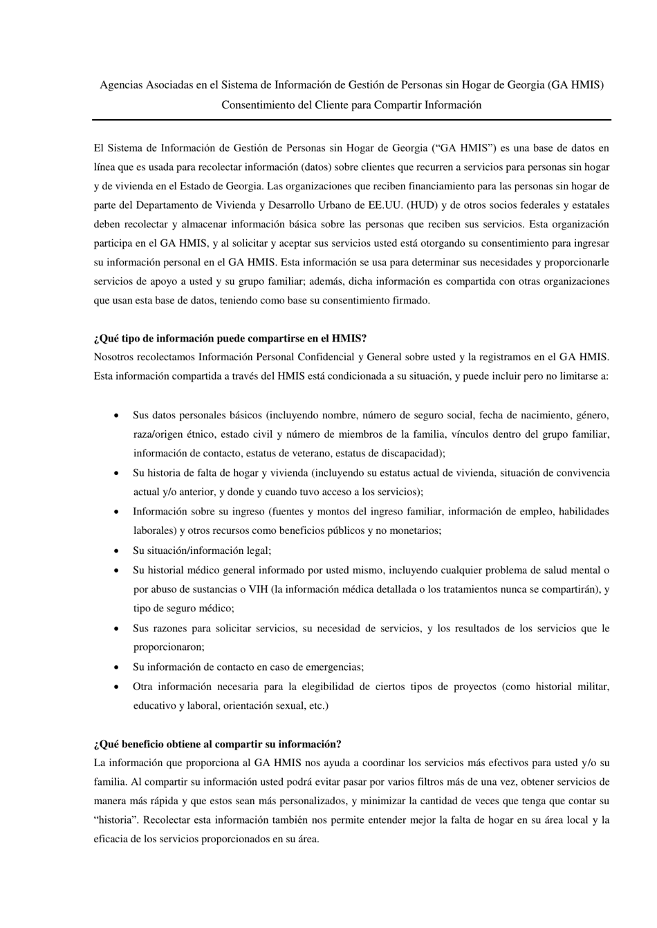 Consentimiento Del Cliente Para Compartir Informacion - Georgia (United States) (Spanish), Page 1