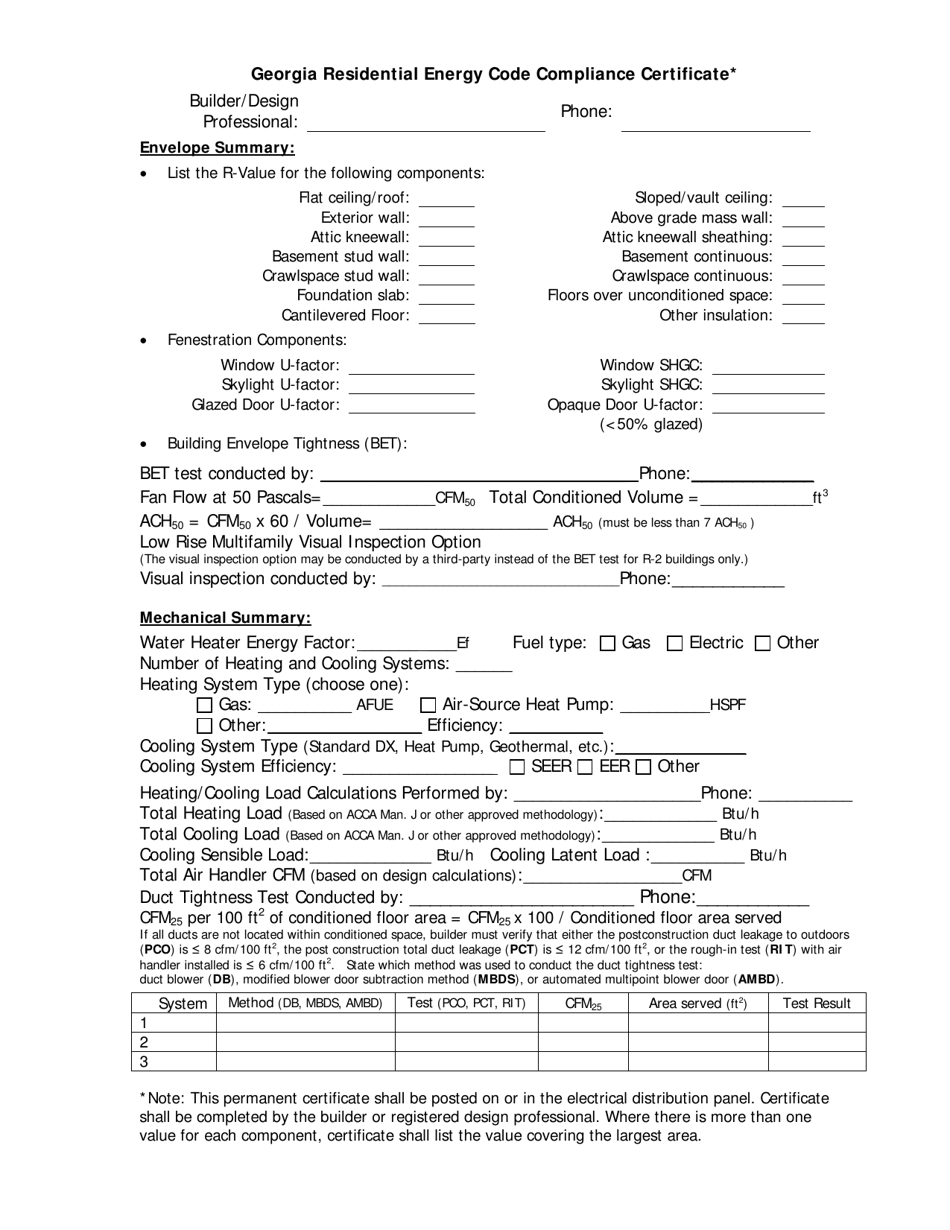 Georgia Residential Energy Code Compliance Certificate - Georgia (United States), Page 1