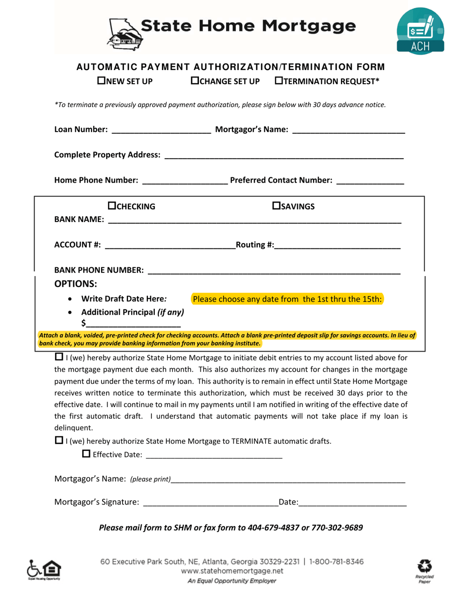 Automatic Payment Authorization / Termination Form - Georgia (United States), Page 1