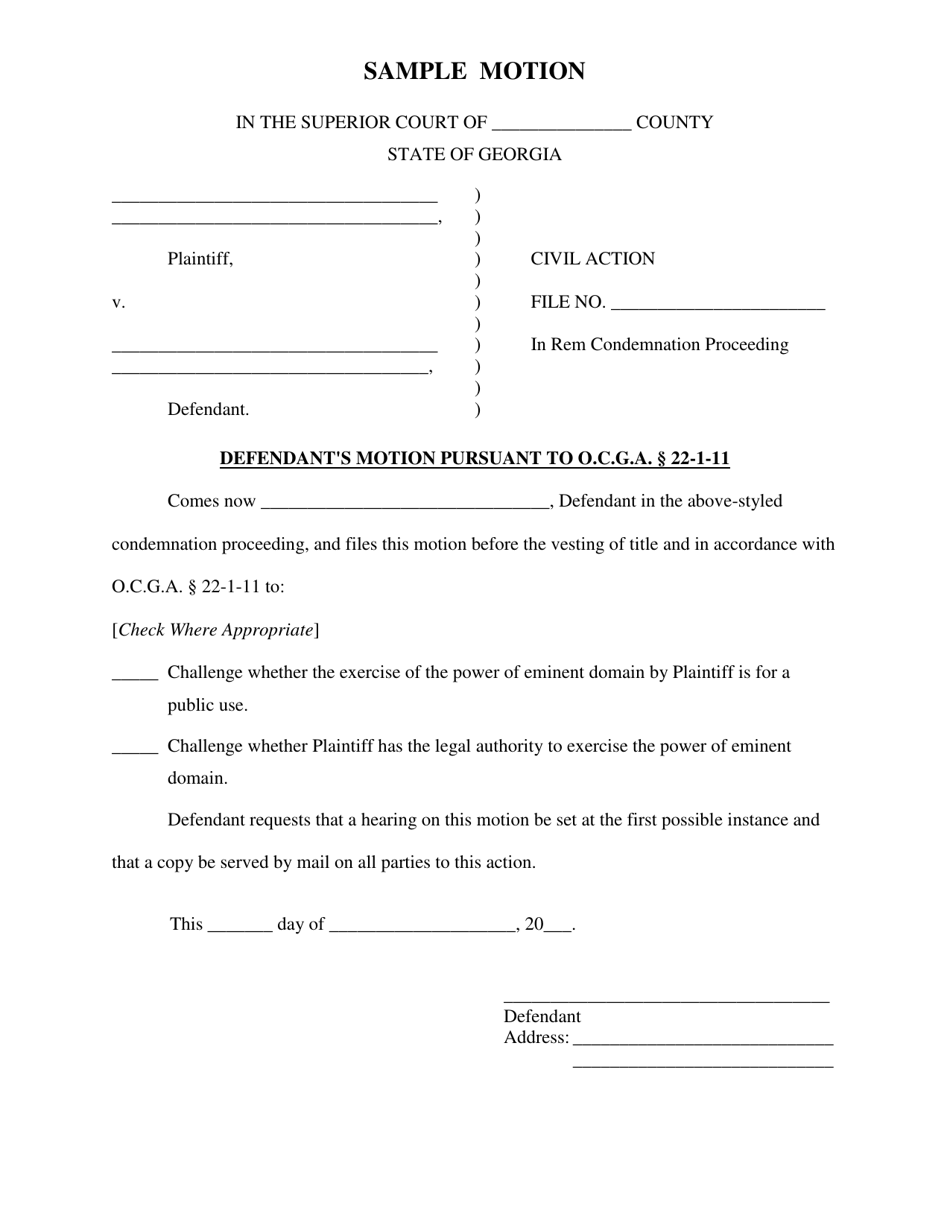 Sample Motion for Condemnation Proceedings - Georgia (United States), Page 1