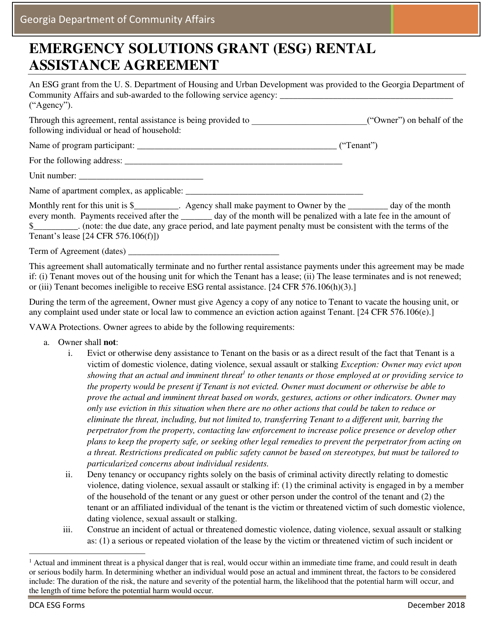 Emergency Solutions Grant (Esg) Rental Assistance Agreement - Georgia (United States)