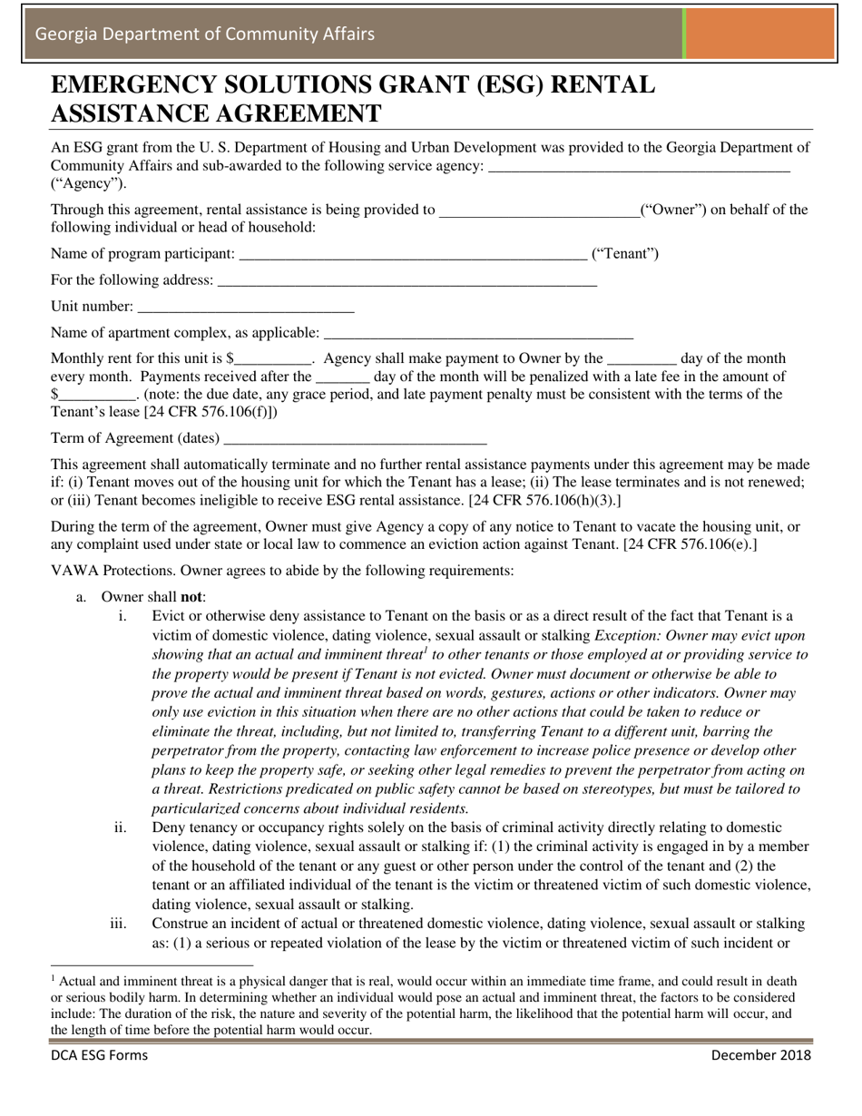Emergency Solutions Grant (Esg) Rental Assistance Agreement - Georgia (United States), Page 1