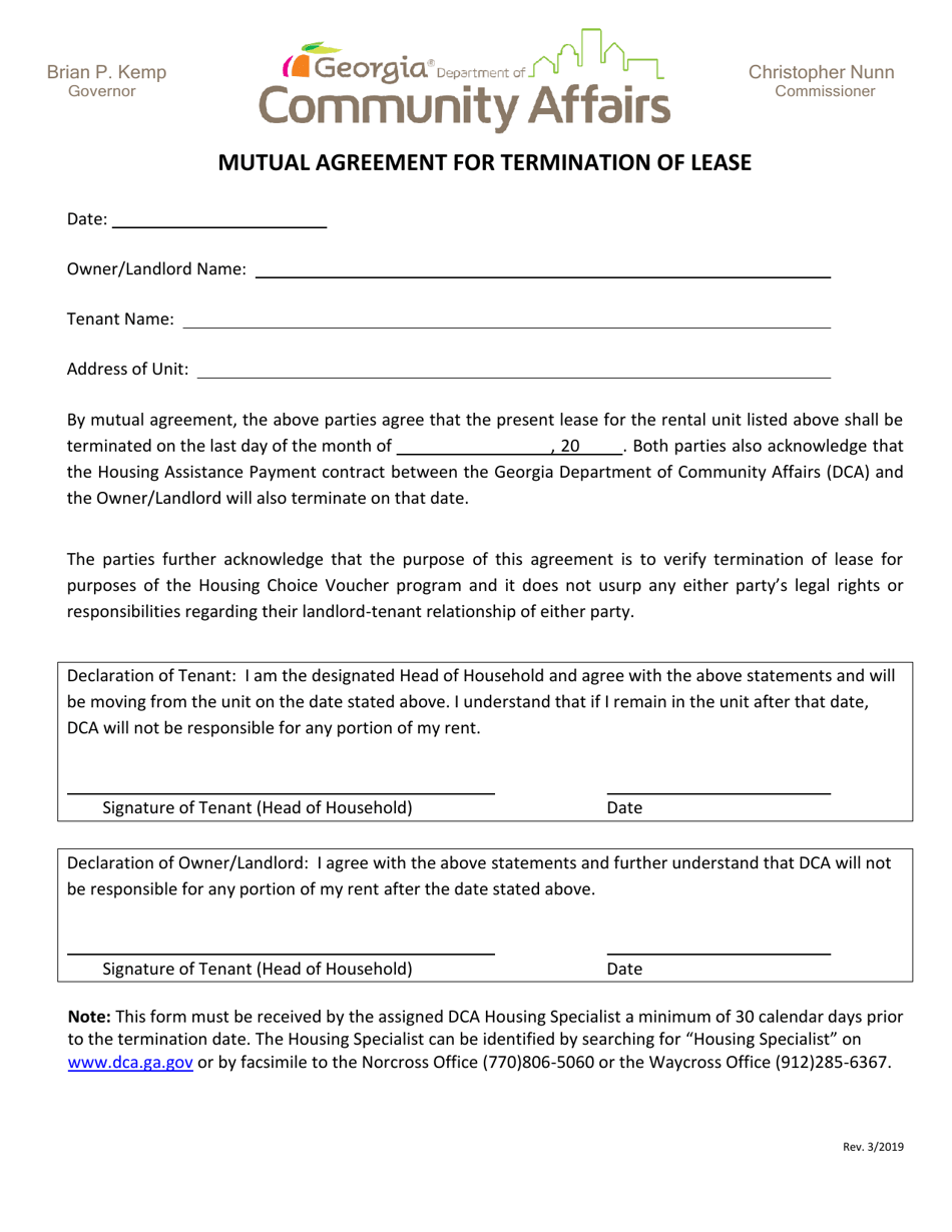 Mutual Agreement for Termination of Lease - Georgia (United States), Page 1