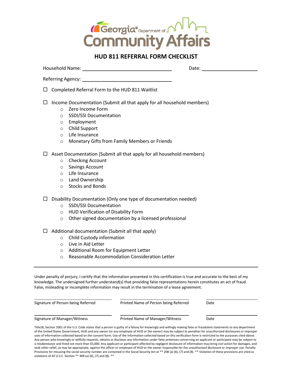 Hud 811 Referral Form Checklist - Georgia (United States), Page 1