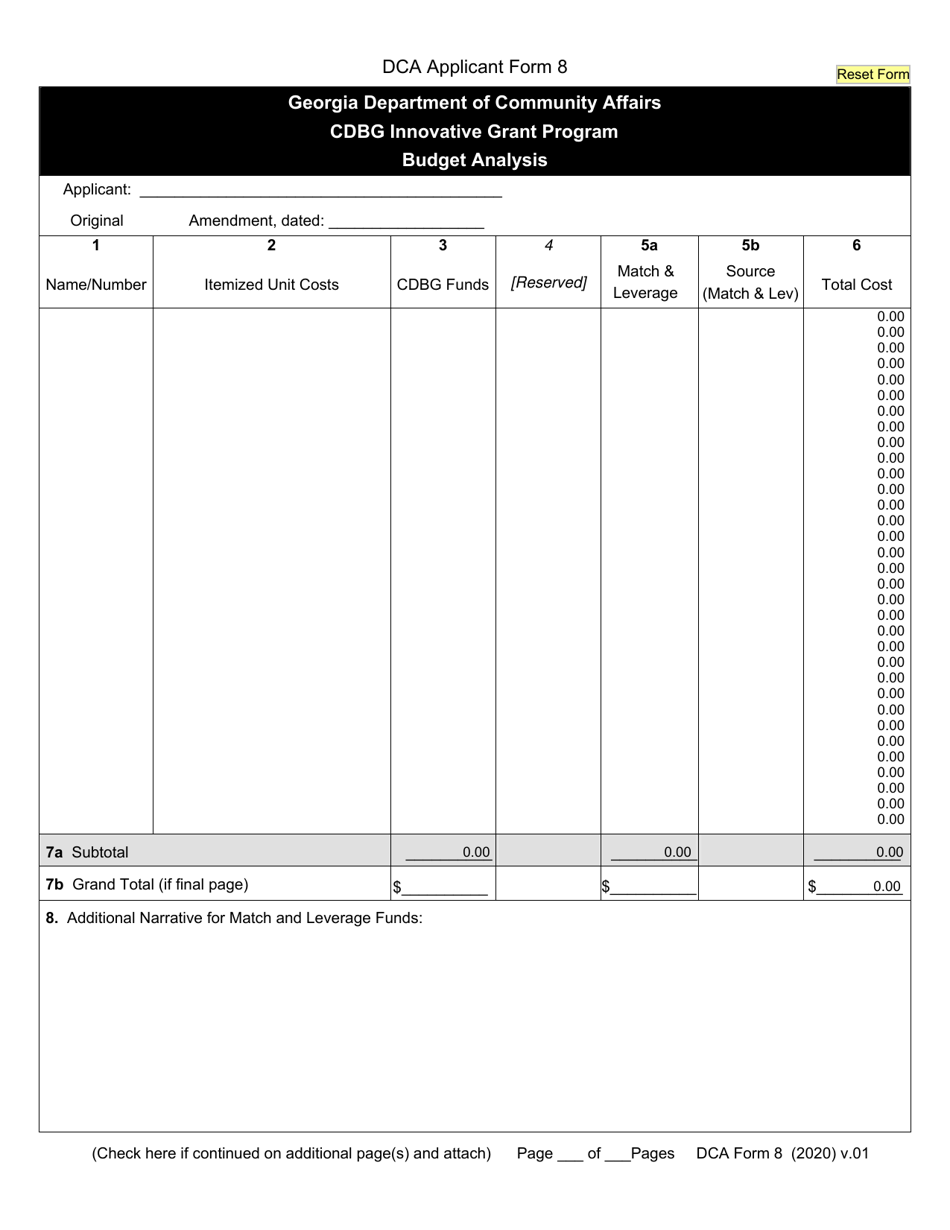DCA Form 8 Budget Analysis - Cdbg Innovative Grant Program - Georgia (United States), Page 1