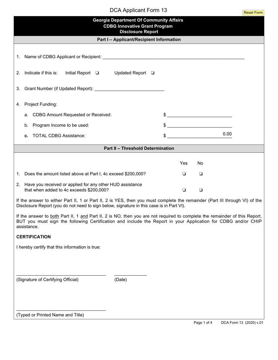 DCA Form 13 Disclosure Report - Cdbg Innovative Grant Program - Georgia (United States), Page 1