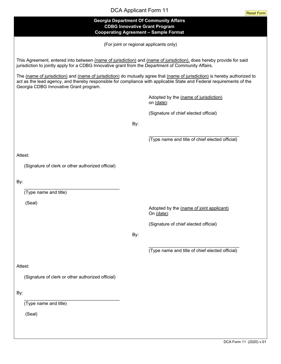 DCA Form 11 Cooperating Agreement - Sample Format - Cdbg Innovative Grant Program - Georgia (United States), Page 1