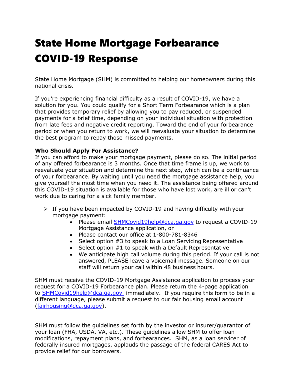 (United States) State Home Mortgage Forbearance Covid19