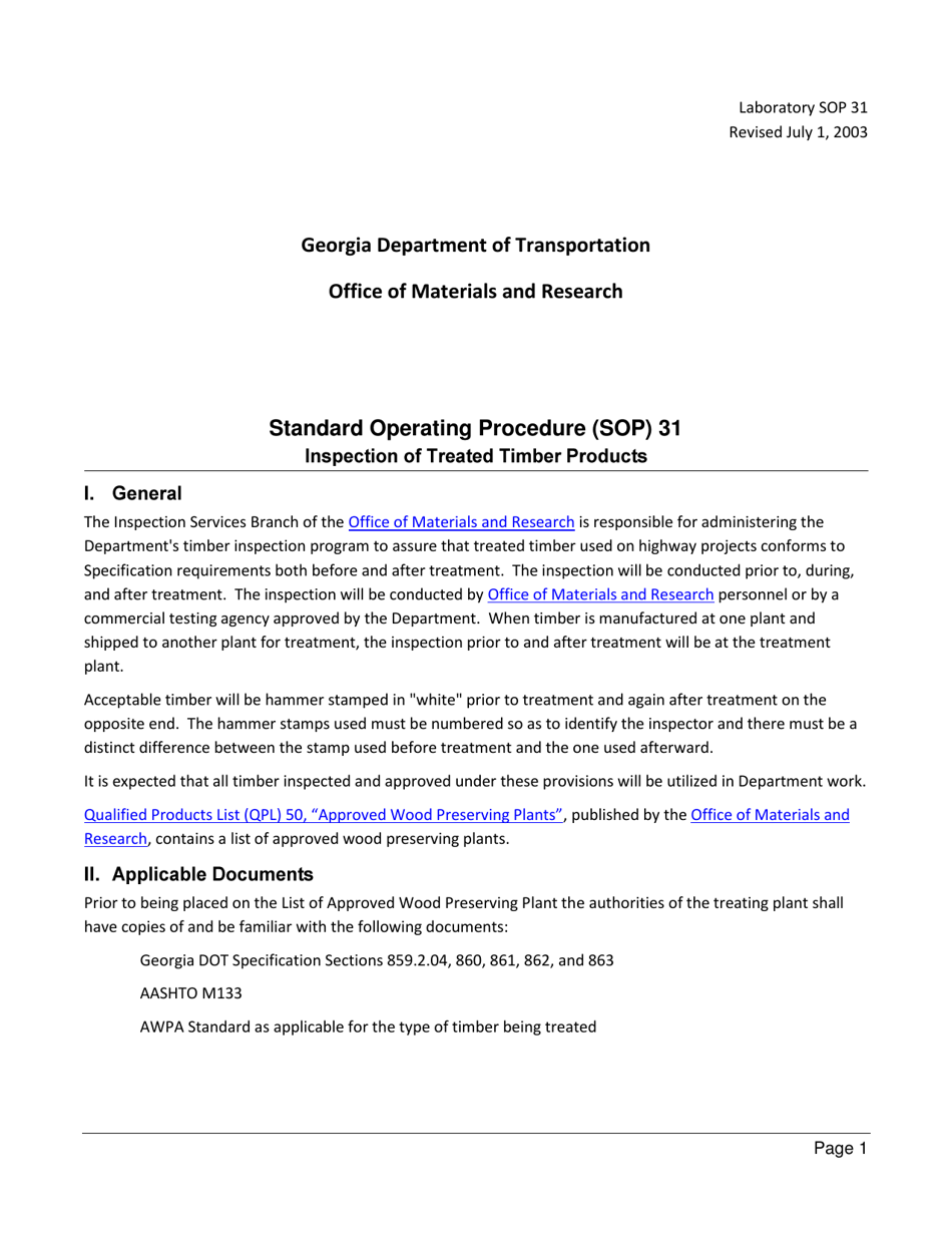 Form SOP31 Inspection of Treated Timber Products - Georgia (United States), Page 1