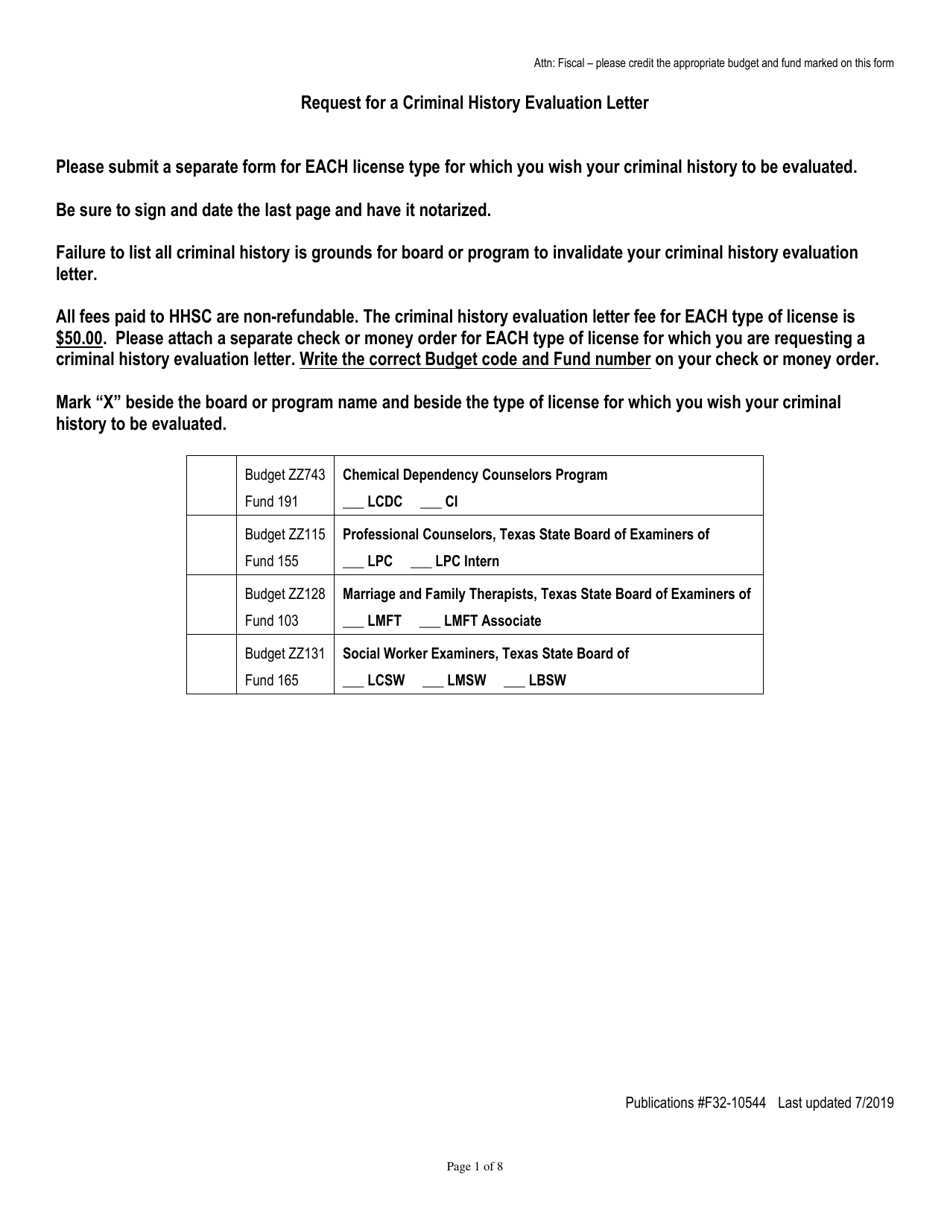 Request for a Criminal History Evaluation Letter - Texas, Page 1