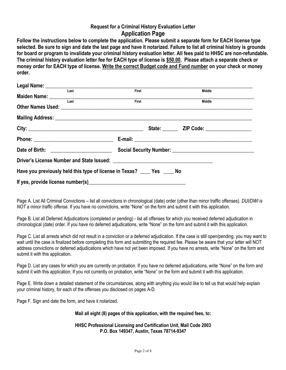 Texas Request for a Criminal History Evaluation Letter - Fill Out, Sign ...