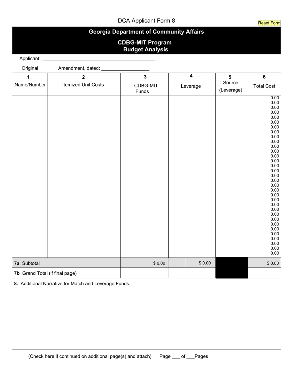 DCA Form 8 Budget Analysis - Cdbg-Mit Program - Georgia (United States), Page 1
