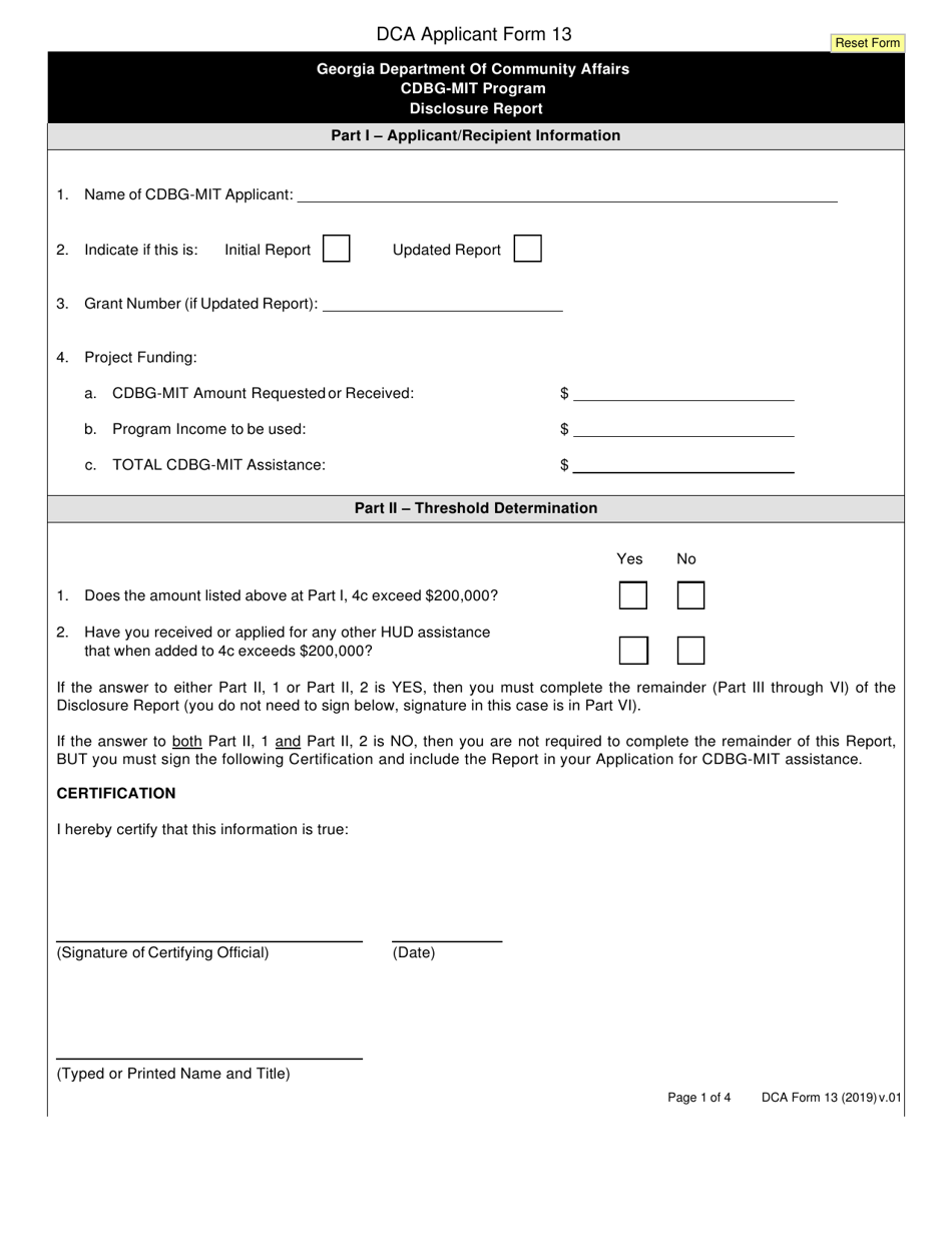 DCA Form 13 Disclosure Report - Cdbg-Mit Program - Georgia (United States), Page 1