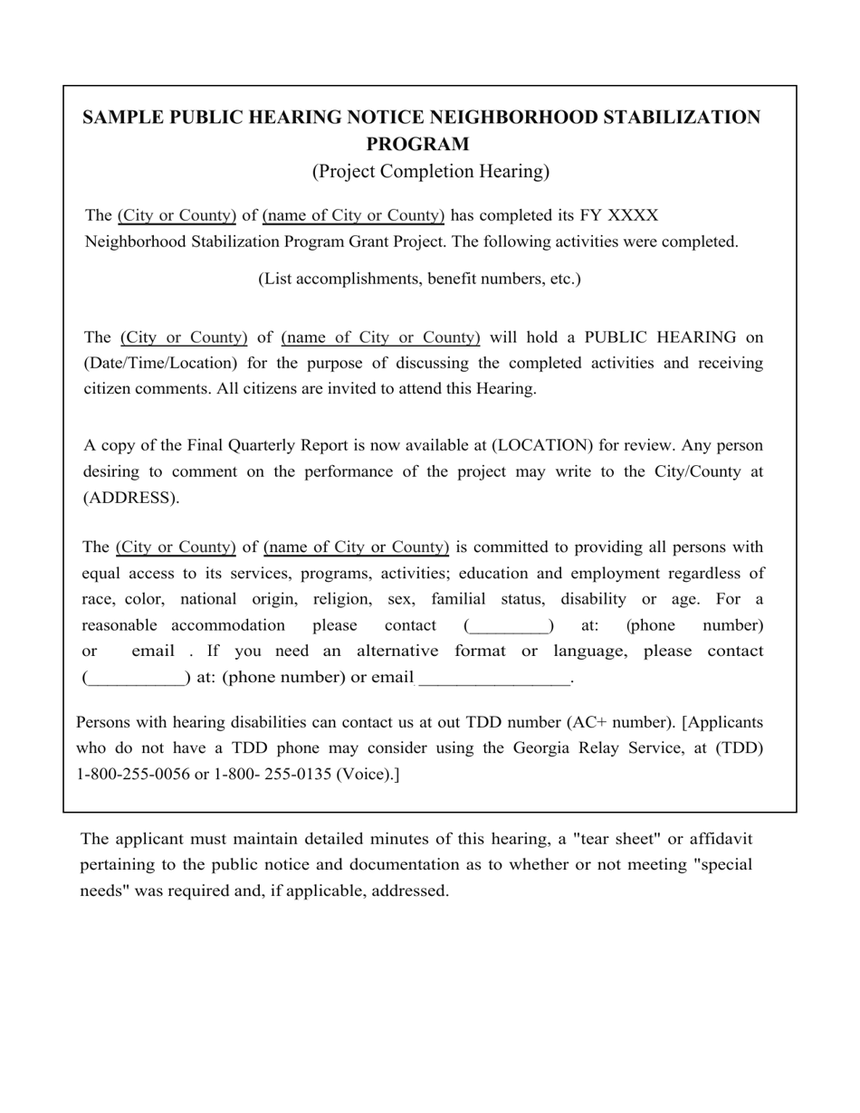 Sample Public Hearing Notice for Project Completion - Neighborhood Stabilization Program - Georgia (United States) (English / Spanish), Page 1