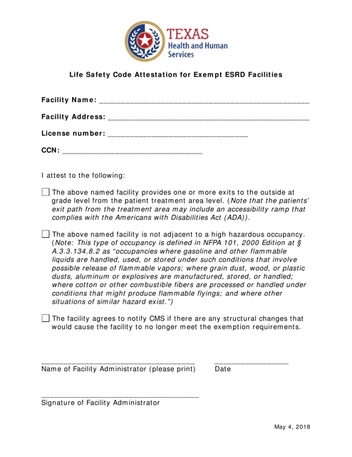 Life Safety Code Attestation for Exempt Esrd Facilities - Texas Download Pdf