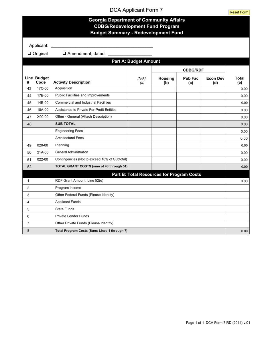 DCA Form 7 RD Budget Summary - Cdbg / Redevelopment Fund Program - Georgia (United States), Page 1