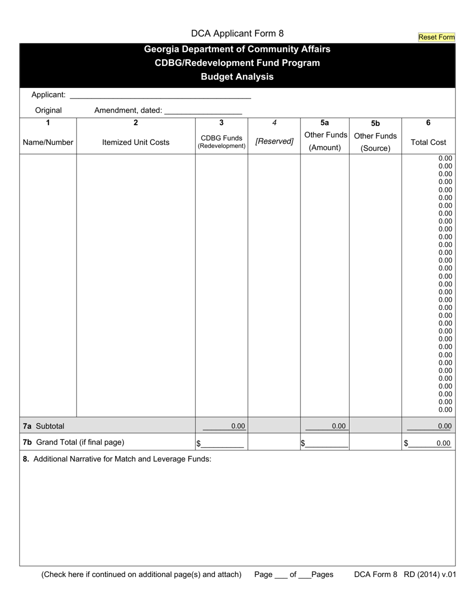 DCA Form 8 RD Budget Analysis - Cdbg / Redevelopment Fund Program - Georgia (United States), Page 1