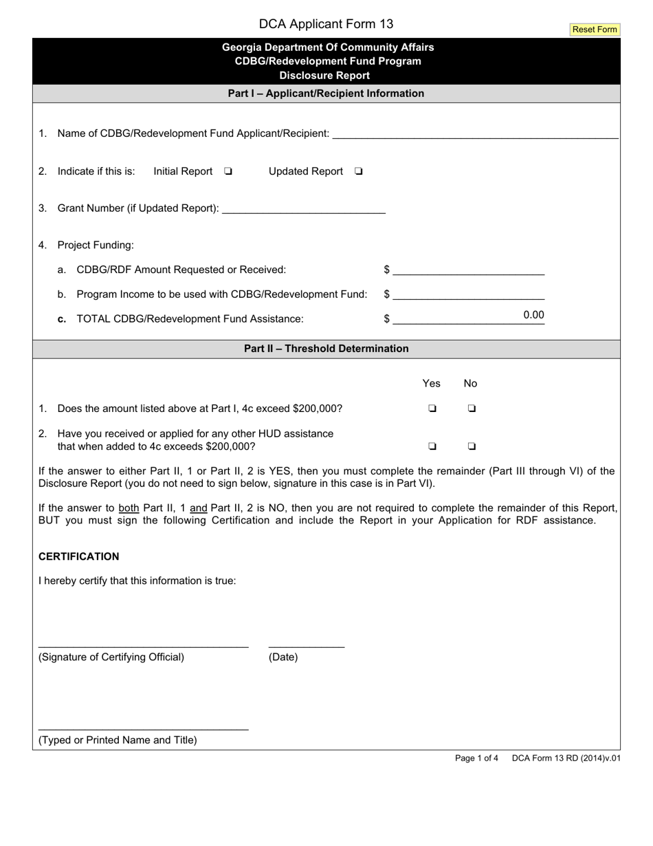 DCA Form 13 RD Disclosure Report - Cdbg / Redevelopment Fund Program - Georgia (United States), Page 1