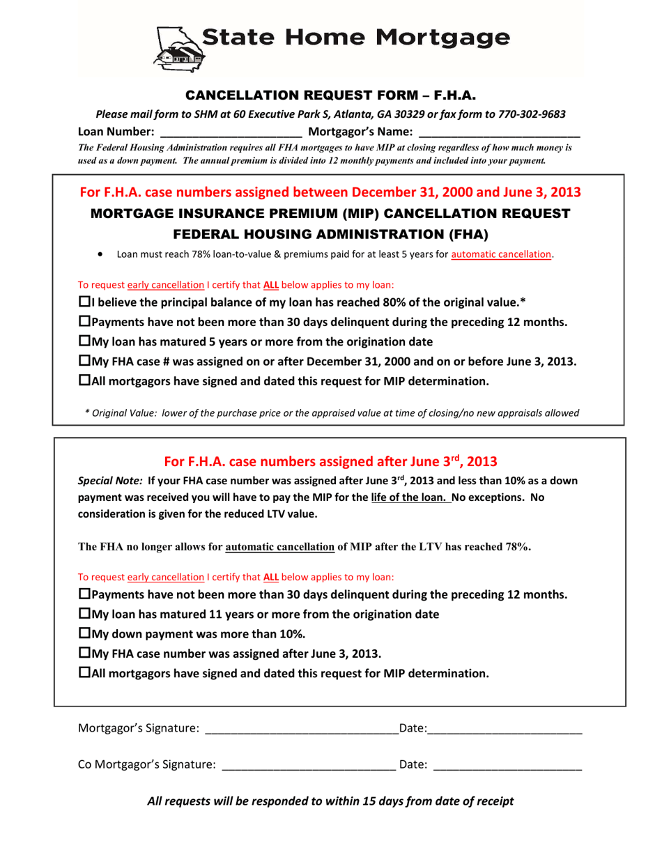 Official Fha Mip Cancellation Request Form - Georgia (United States), Page 1