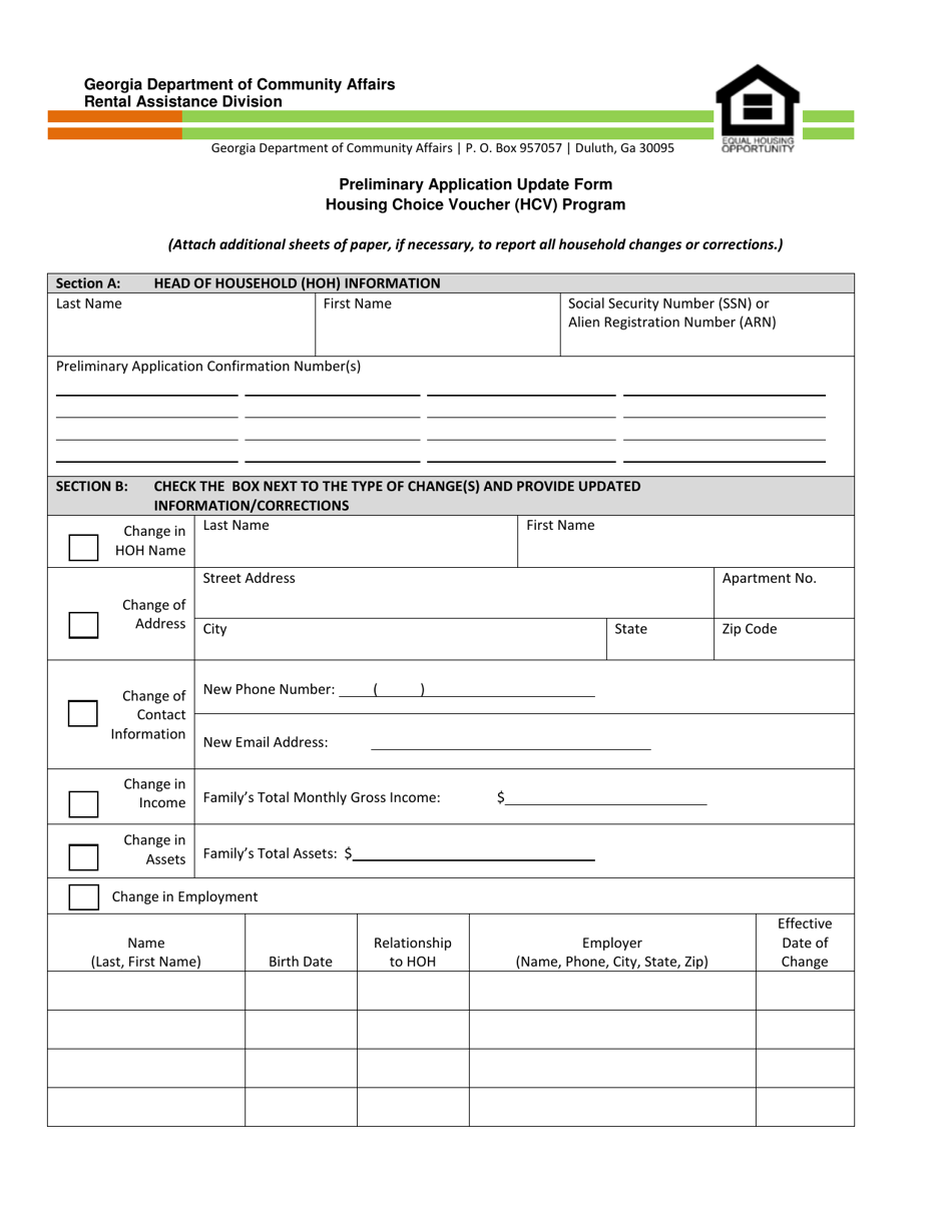 Preliminary Application Update Form - Housing Choice Voucher (Hcv) Program - Georgia (United States), Page 1