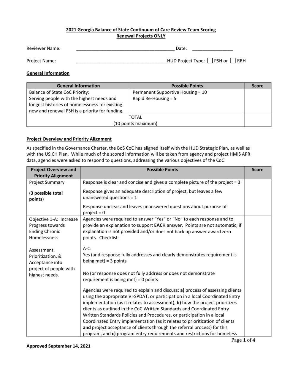Georgia Balance of State Continuum of Care Review Team Scoring Renewal Projects Only - Georgia (United States), Page 1
