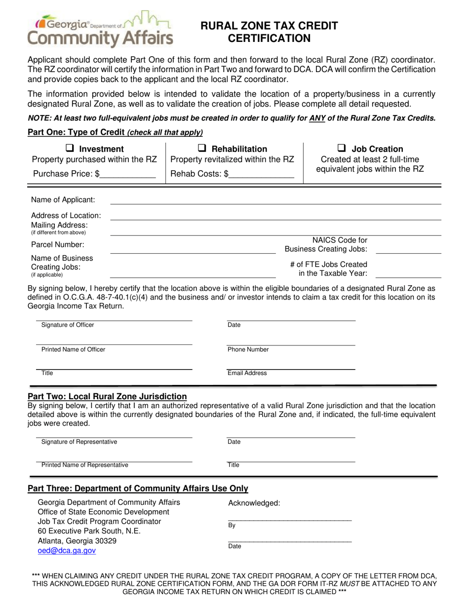 Rural Zone Tax Credit Certification - Georgia (United States), Page 1