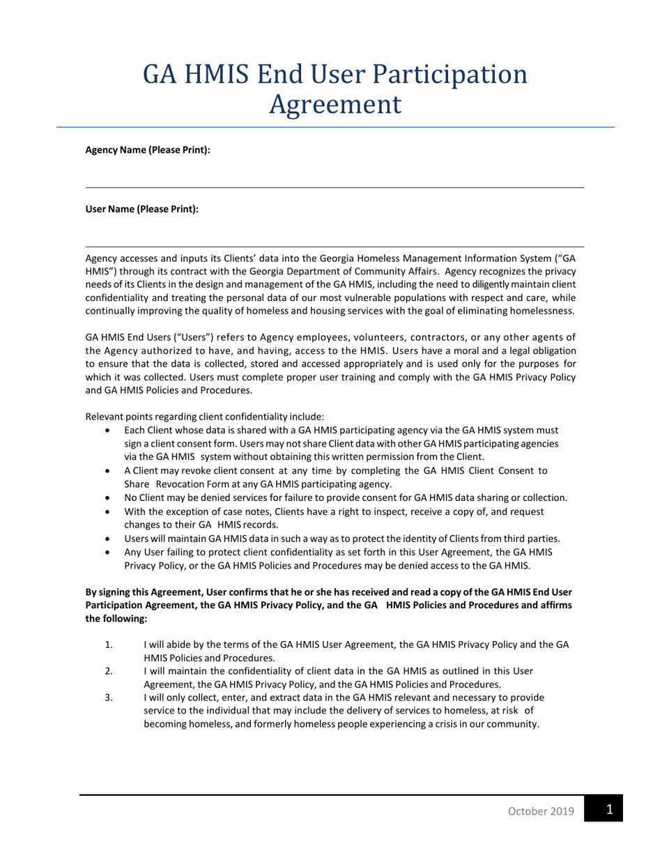 Ga Hmis End User Participation Agreement - Georgia (United States), Page 1
