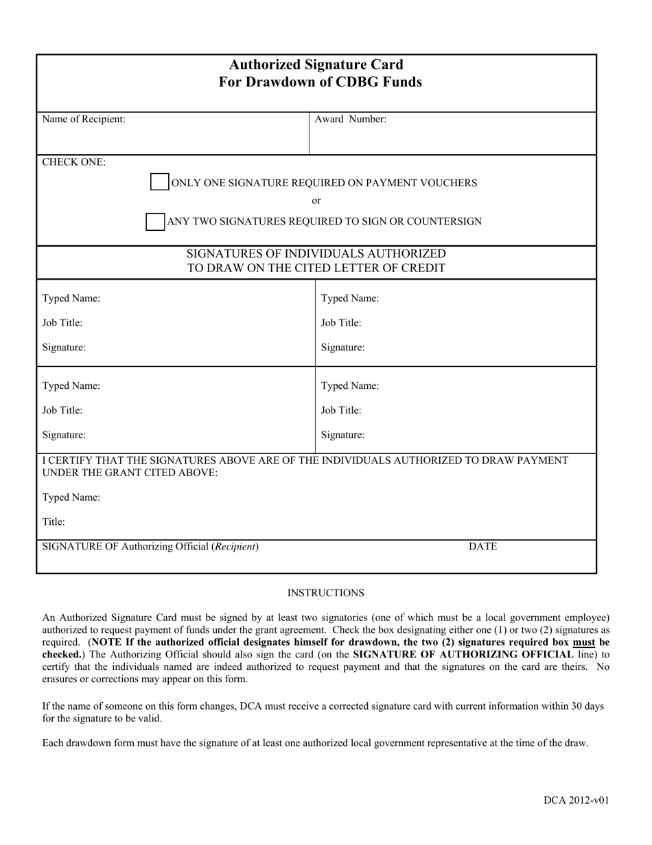 Authorized Signature Card for Drawdown of Cdbg Funds - Georgia (United States), Page 1