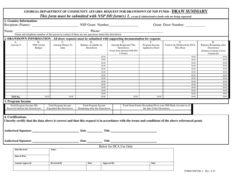 Form NSP DD2 Request for Drawdown of Nsp Funds - Draw Summary - Georgia (United States), Page 1