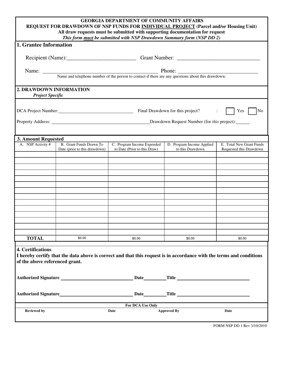 Form NSP DD1 Request for Drawdown of Nsp Funds for Individual Project (Parcel and / or Housing Unit) - Georgia (United States), Page 1