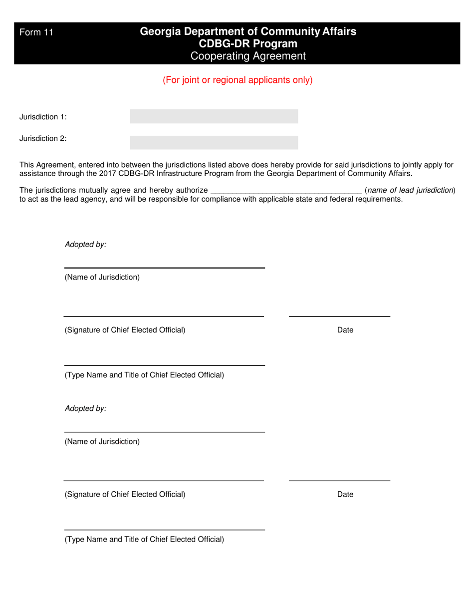 DCA Form 11 Cooperating Agreement - Cdbg-Dr Program - Georgia (United States), Page 1
