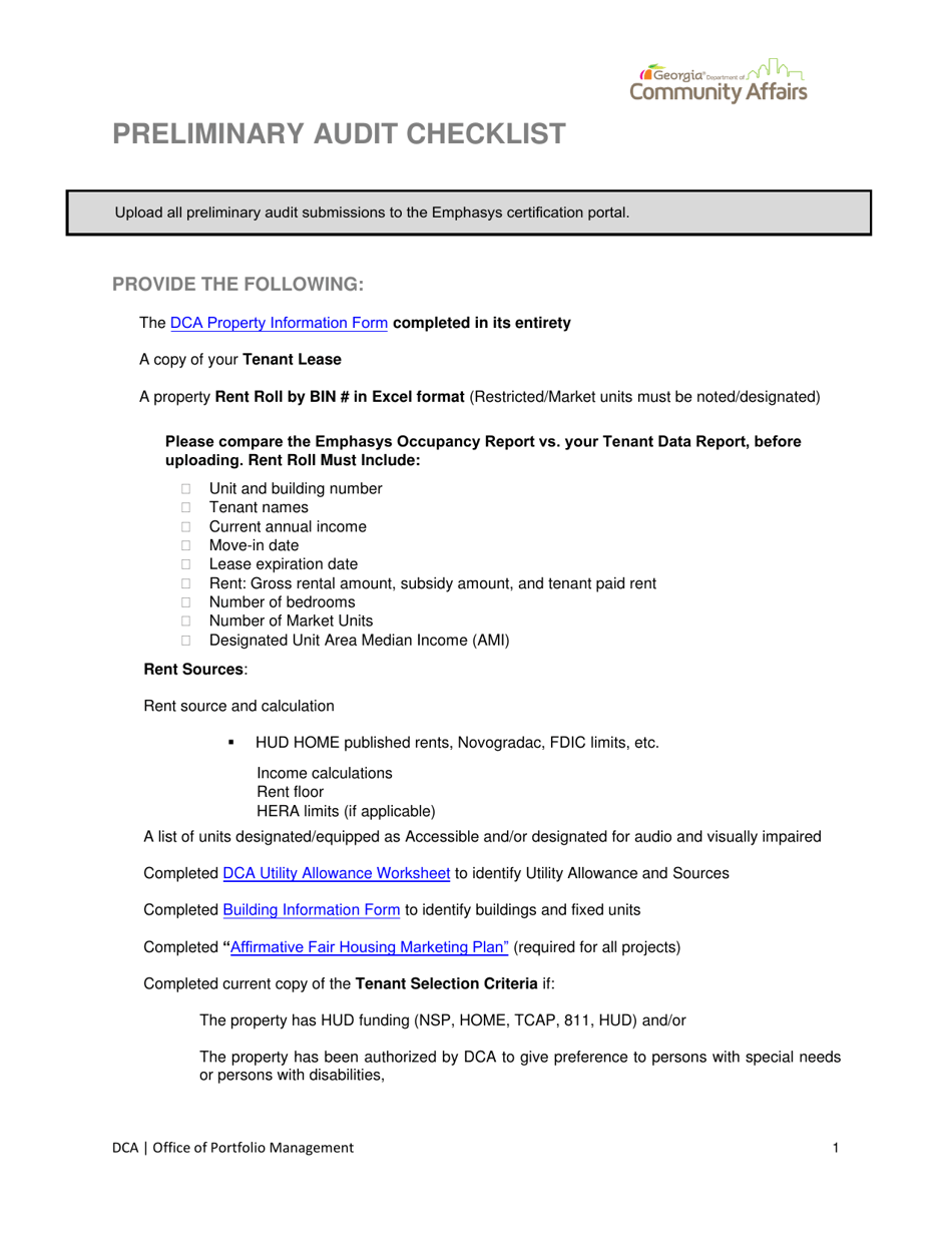 Preliminary Audit Checklist - Georgia (United States), Page 1